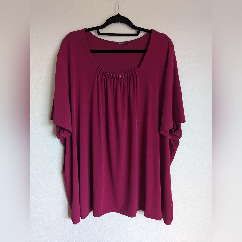 Wine Flutter Sleeve Smocked Blouse Size 2X